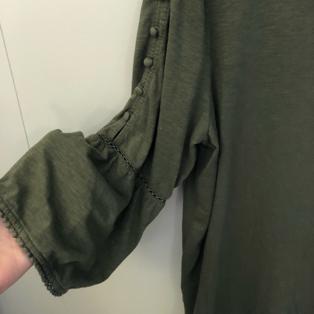 JJill Peasant Top Bell Sleeves Button Details Olive Green 100% Cotton Large - Picture 2 of 5